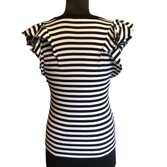 Tommy Hilfiger Striped Navy and White Ruffle Sleeve Short Sleeve Top, Size M - Picture 3 of 8
